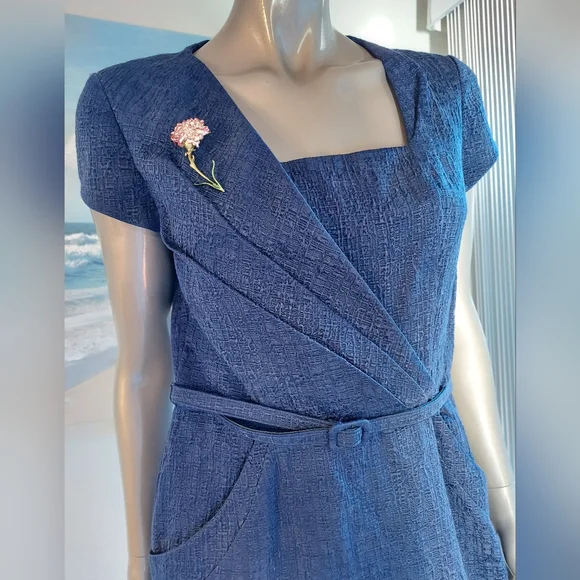 *$2,000 OSCAR DE LA RENTA BLUE SILK LINED DAY DRESS US 8 M